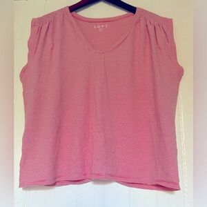 LOFT Striped Sleeveless Blouse, Red & White, V-neck, Ruched Shoulders, sz XL